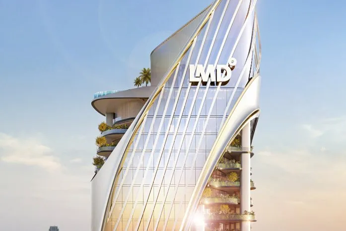 Crown of the tower with planted terraces and a rooftop pool edge